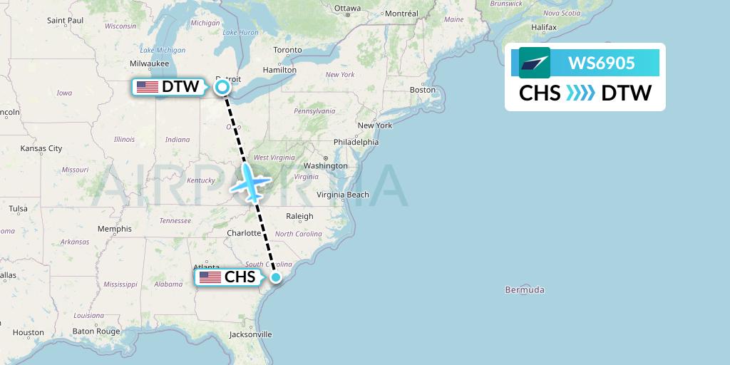 WS6905 WestJet Flight Map: Charleston to Detroit