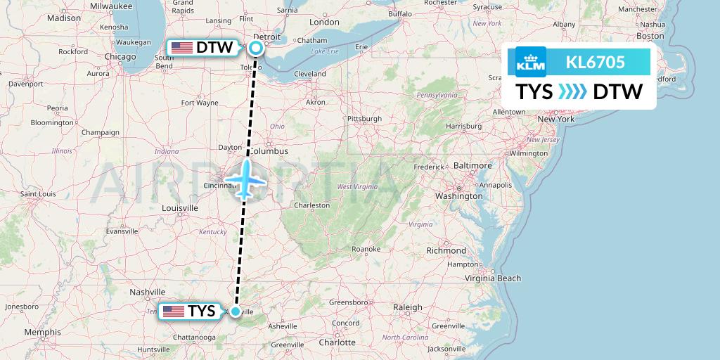 KL6705 KLM Flight Map: Knoxville to Detroit