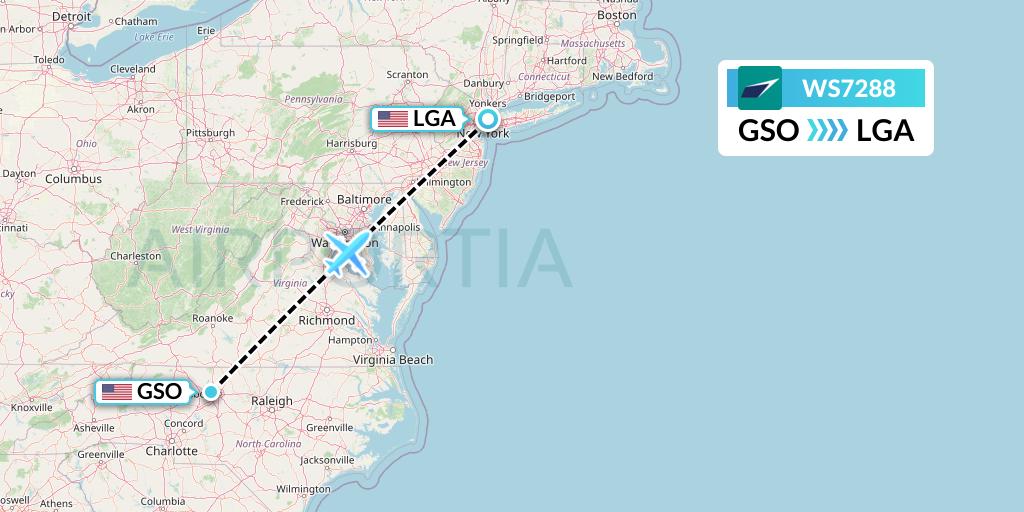 WS7288 WestJet Flight Map: Greensboro to New York