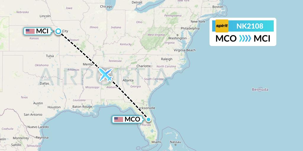 NK2108 Spirit Airlines Flight Map: Orlando to Kansas City