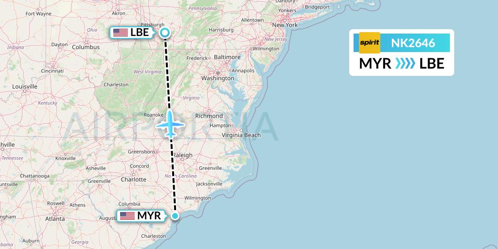 NK2646 Spirit Airlines Flight Map: Myrtle Beach to Latrobe