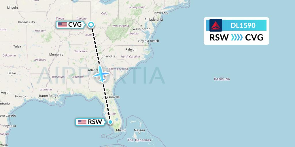 DL1590 Delta Air Lines Flight Map: Fort Myers to Cincinnati
