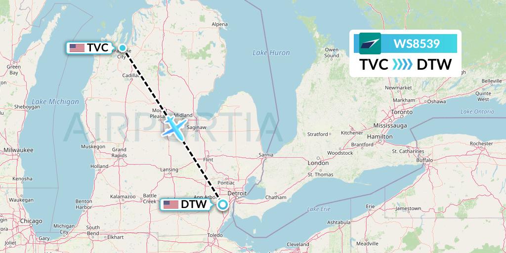WS8539 WestJet Flight Map: Traverse City to Detroit
