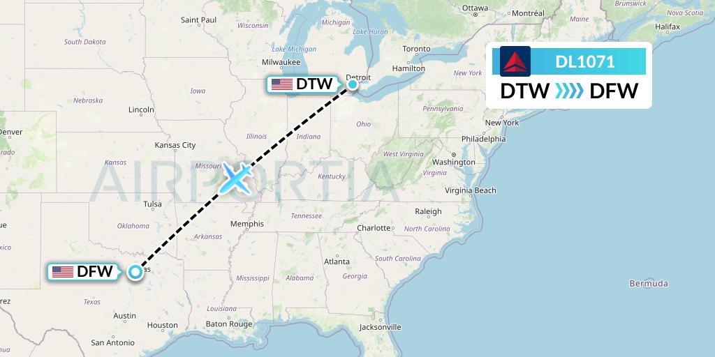 DL1071 Delta Air Lines Flight Map: Detroit to Dallas
