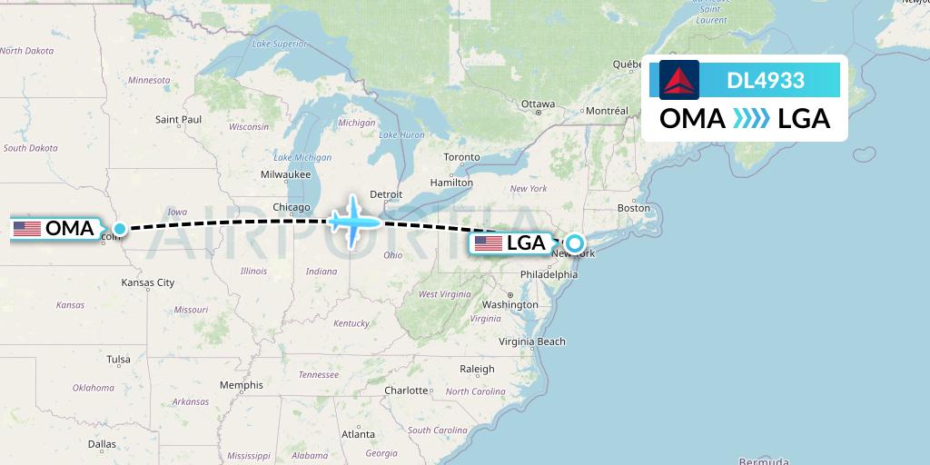 DL4933 Delta Air Lines Flight Map: Omaha to New York