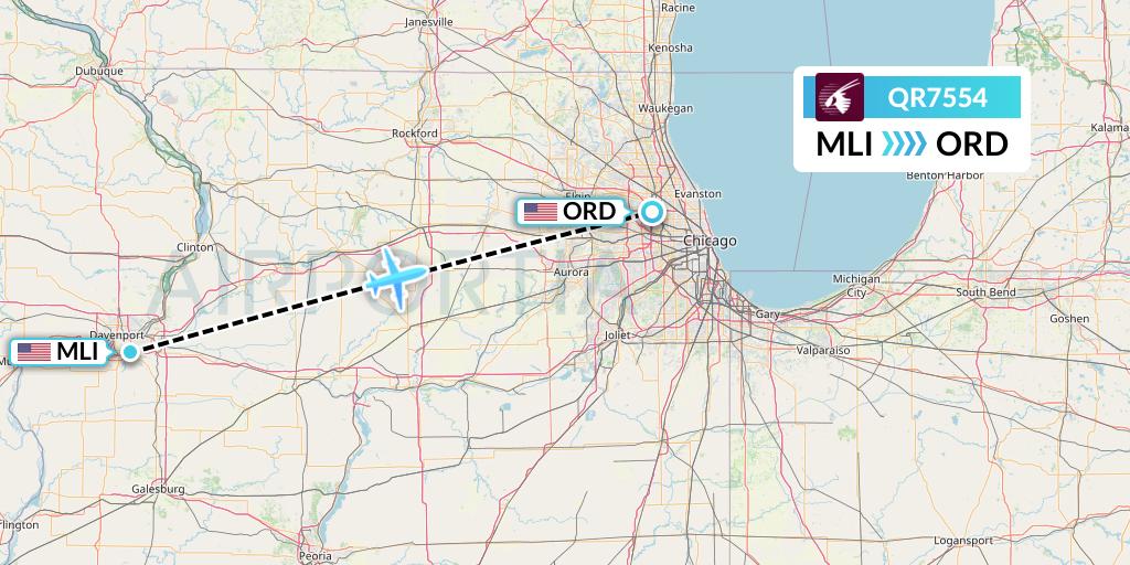 QR7554 Qatar Airways Flight Map: Moline to Chicago