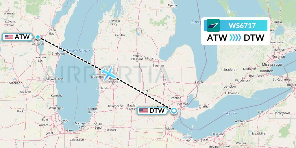WS6717 WestJet Flight Map: Appleton to Detroit