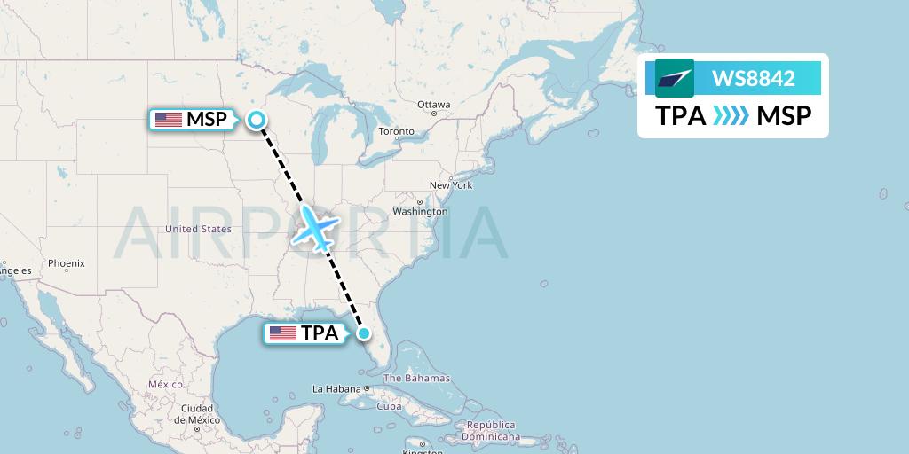WS8842 WestJet Flight Map: Tampa to Minneapolis