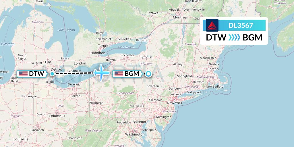 DL3567 Delta Air Lines Flight Map: Detroit to Binghamton