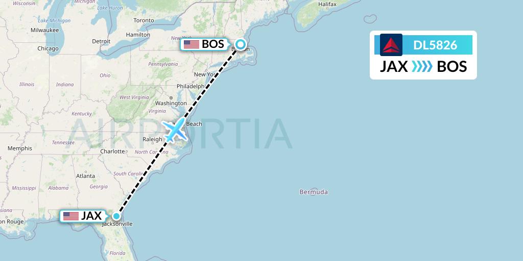 DL5826 Delta Air Lines Flight Map: Jacksonville to Boston