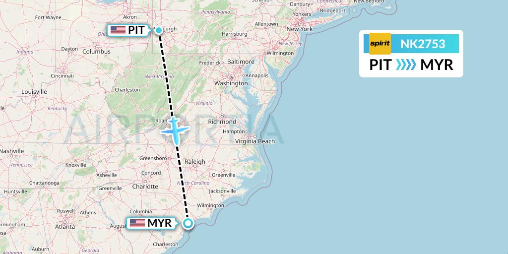 NK2753 Spirit Airlines Flight Map: Pittsburgh to Myrtle Beach
