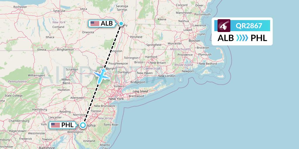 QR2867 Qatar Airways Flight Map: Albany to Philadelphia