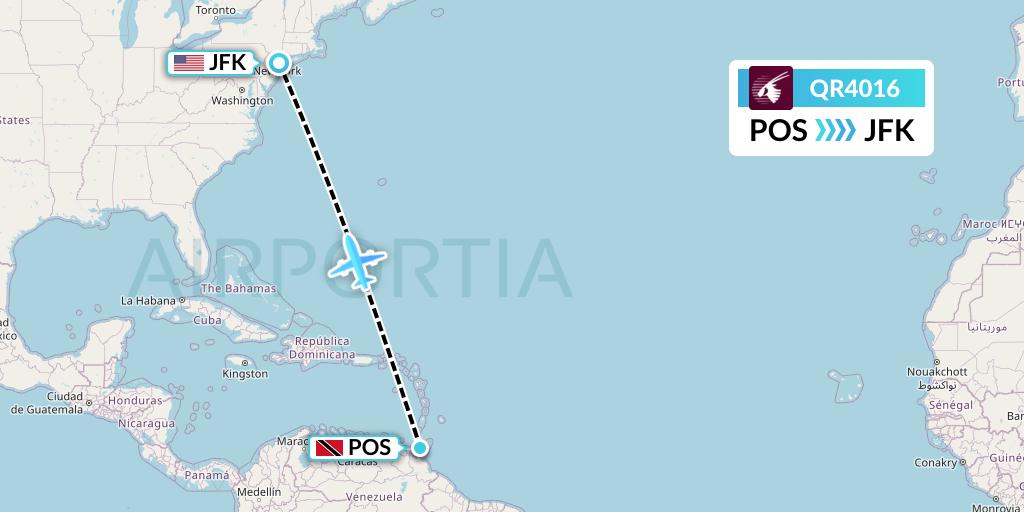 QR4016 Qatar Airways Flight Map: Port of Spain to New York