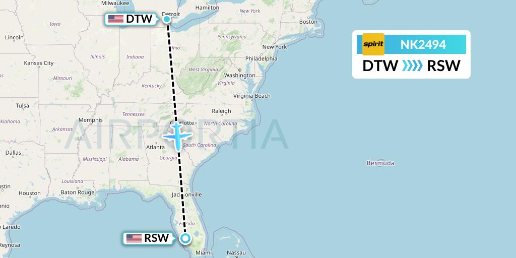NK2494 Spirit Airlines Flight Map: Detroit to Fort Myers