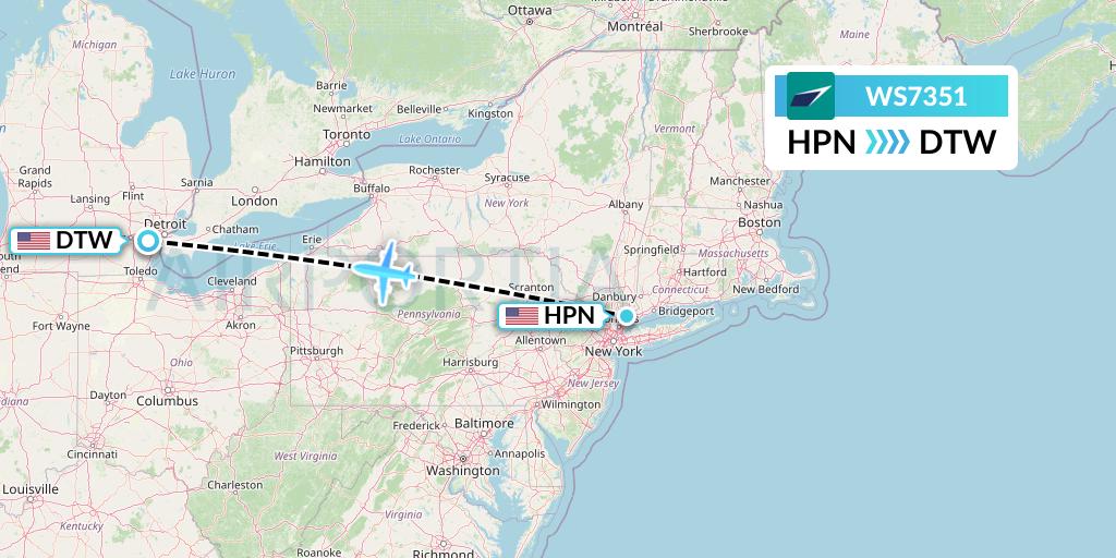 WS7351 WestJet Flight Map: White Plains to Detroit