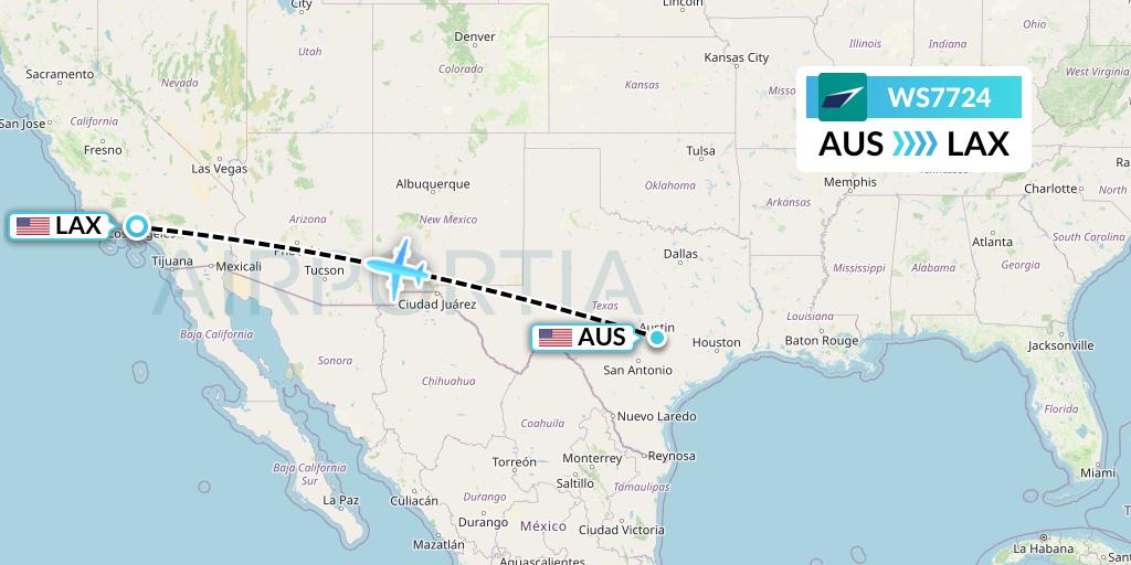 WS7724 WestJet Flight Map: Austin to Los Angeles