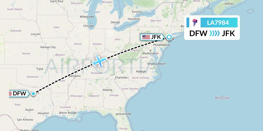 LA7984 LAN Airlines Flight Map: Dallas to New York
