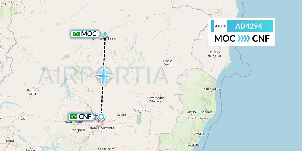 AD4294 Azul Brazilian Airlines Flight Map: Montes Claros to Belo Horizonte