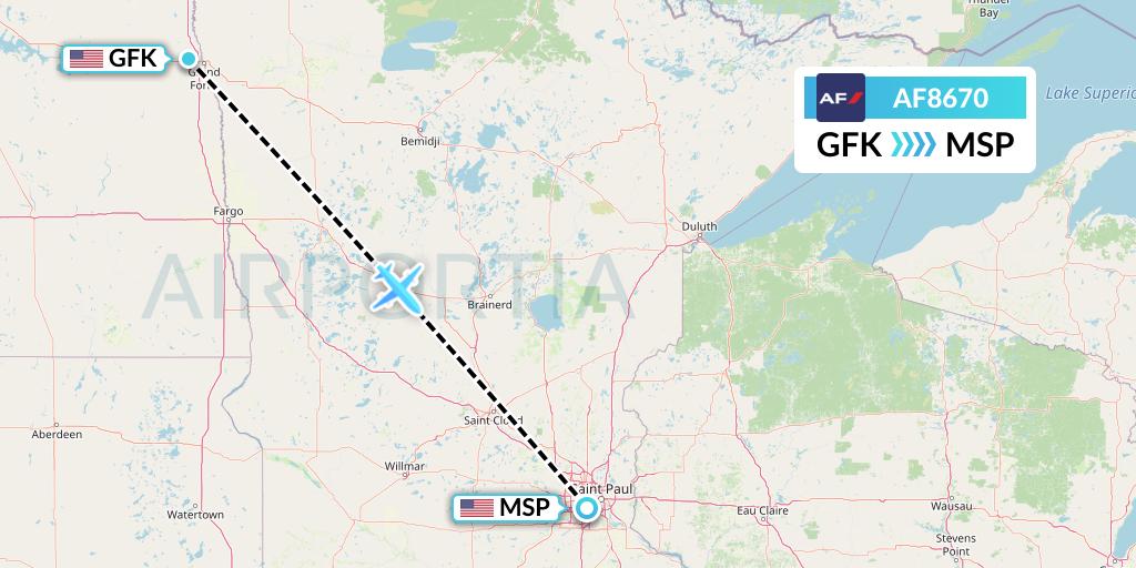 AF8670 Air France Flight Map: Grand Forks to Minneapolis