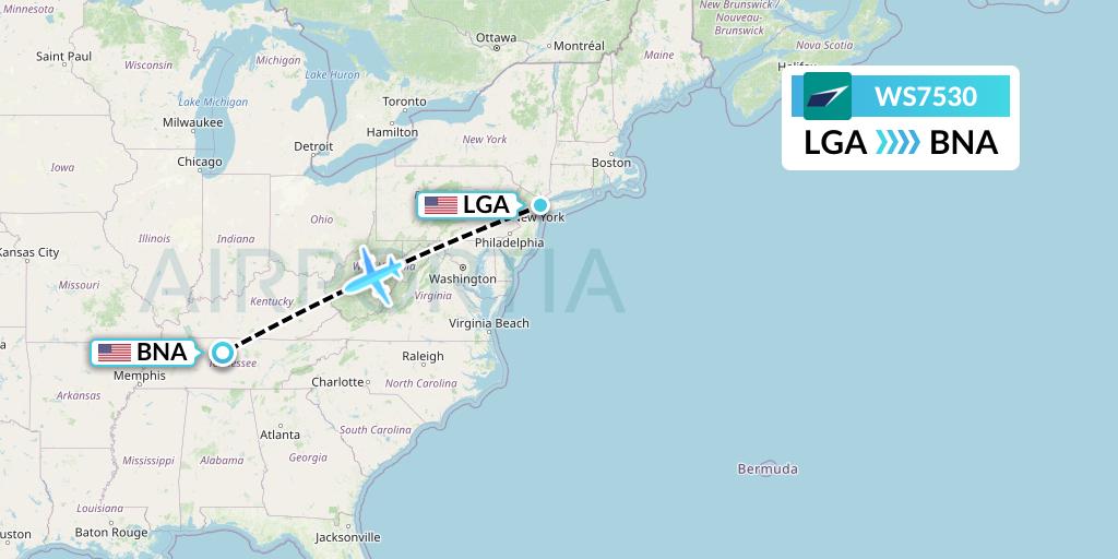 WS7530 WestJet Flight Map: New York to Nashville