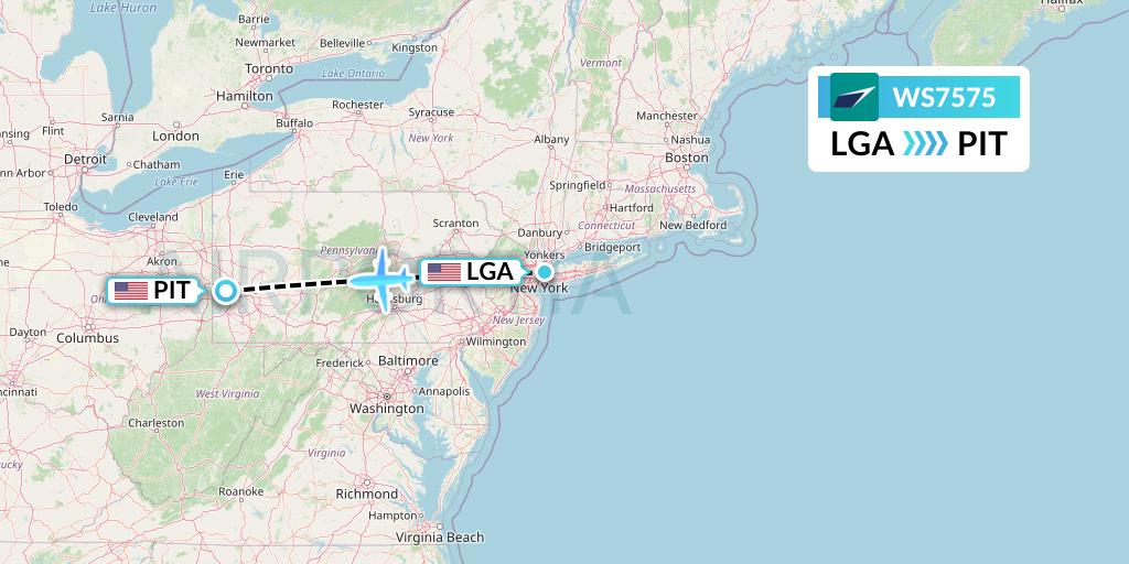 WS7575 WestJet Flight Map: New York to Pittsburgh