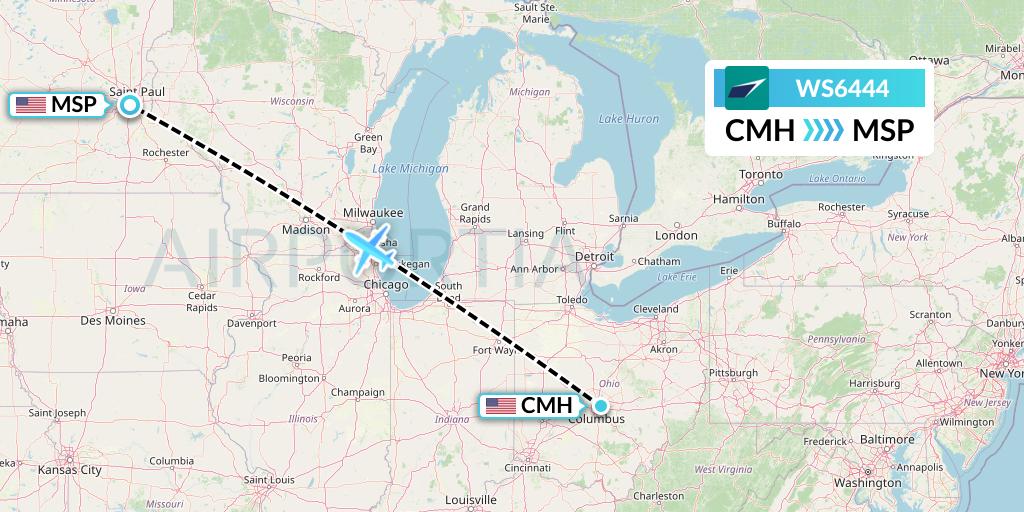 WS6444 WestJet Flight Map: Columbus to Minneapolis