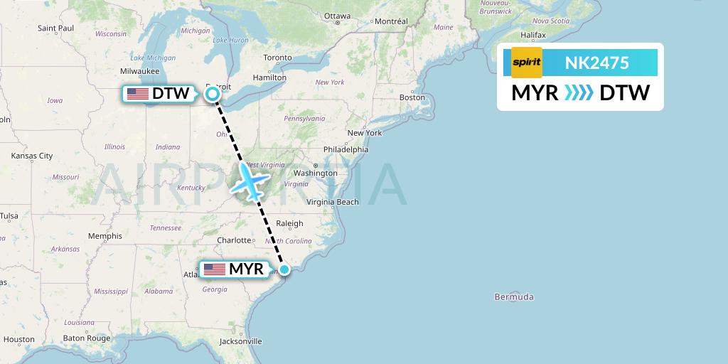 NK2475 Spirit Airlines Flight Map: Myrtle Beach to Detroit