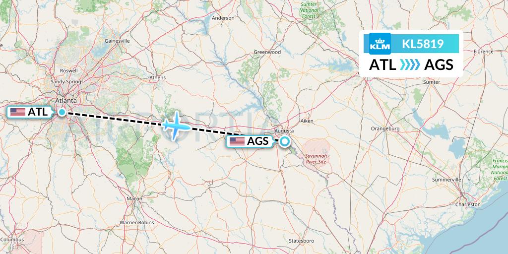 KL5819 KLM Flight Map: Atlanta to Augusta