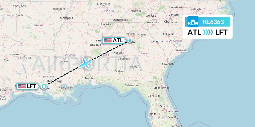 KL6363 KLM Flight Map: Atlanta to Lafayette