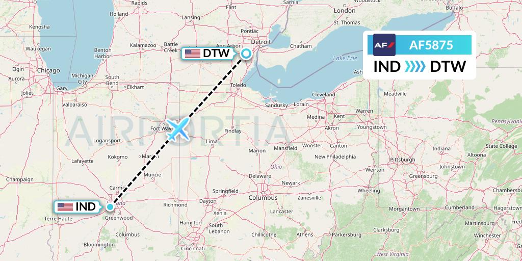 AF5875 Air France Flight Map: Indianapolis to Detroit