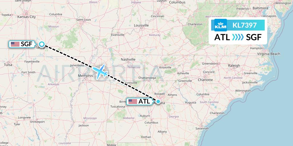 KL7397 KLM Flight Map: Atlanta to Springfield
