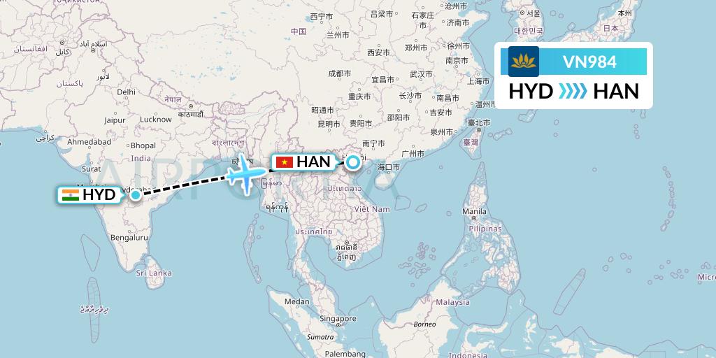 VN984 Vietnam Airlines Flight Map: Hyderabad to Hanoi