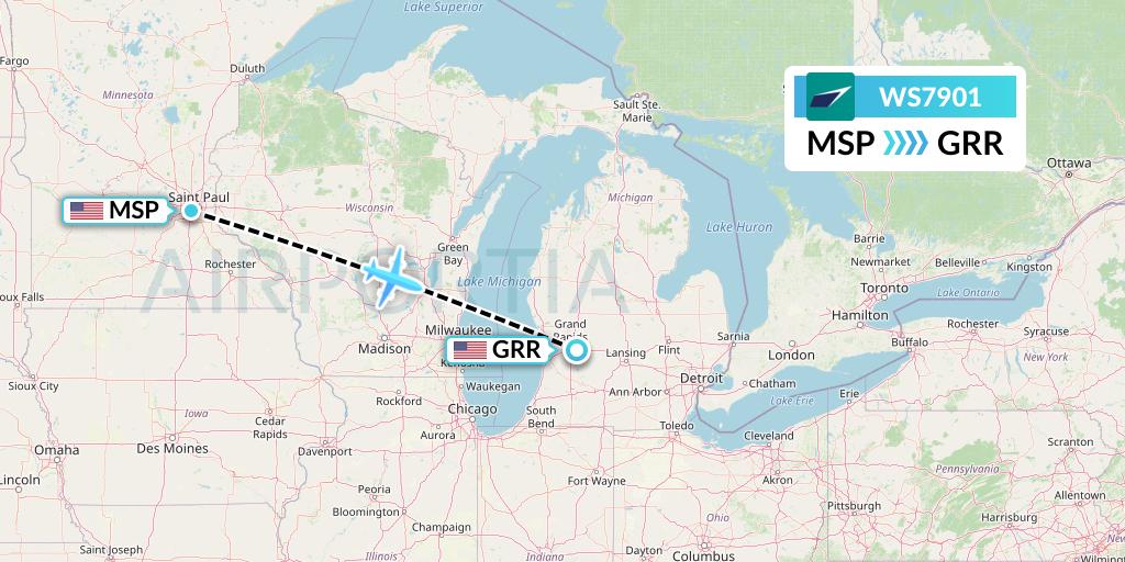 WS7901 WestJet Flight Map: Minneapolis to Grand Rapids
