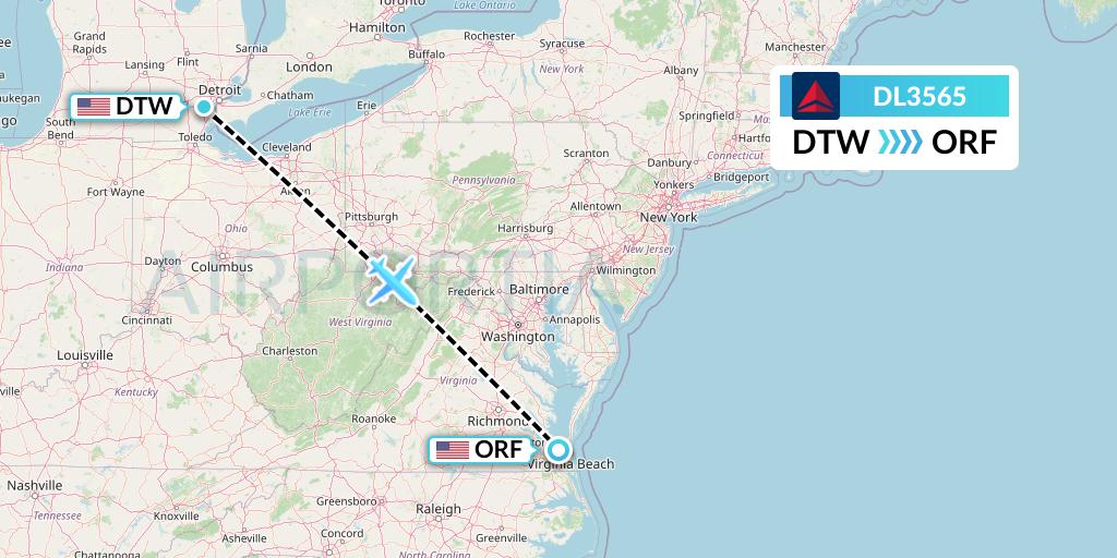 DL3565 Delta Air Lines Flight Map: Detroit to Norfolk