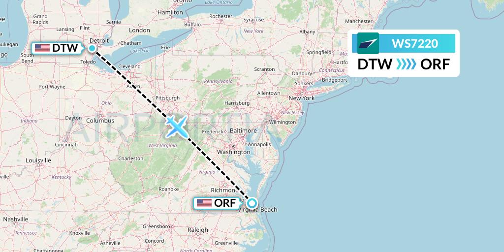 WS7220 WestJet Flight Map: Detroit to Norfolk