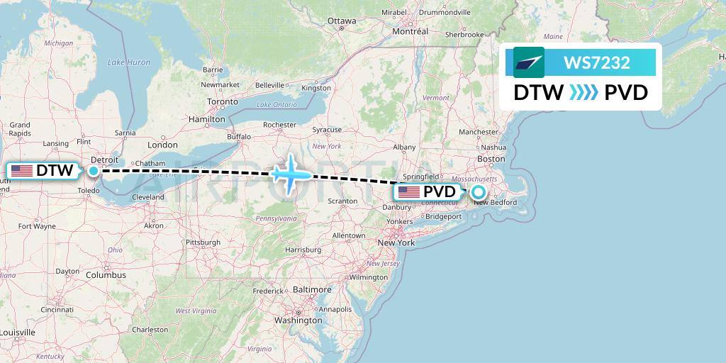WS7232 WestJet Flight Map: Detroit to Providence