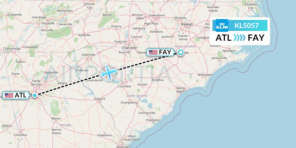 KL5057 KLM Flight Map: Atlanta to Fayetteville