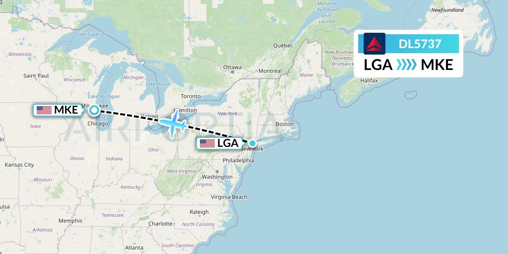 DL5737 Delta Air Lines Flight Map: New York to Milwaukee