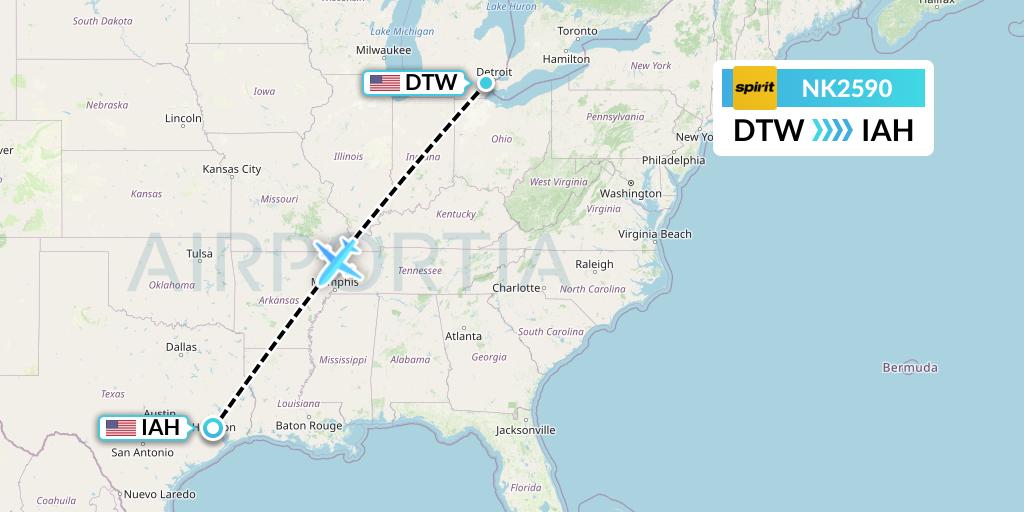 NK2590 Spirit Airlines Flight Map: Detroit to Houston