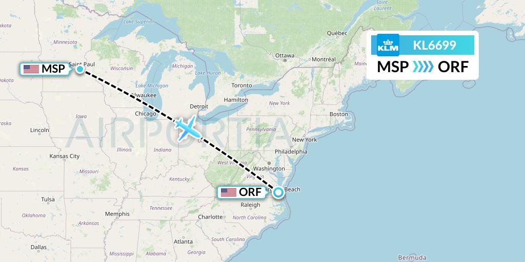KL6699 KLM Flight Map: Minneapolis to Norfolk