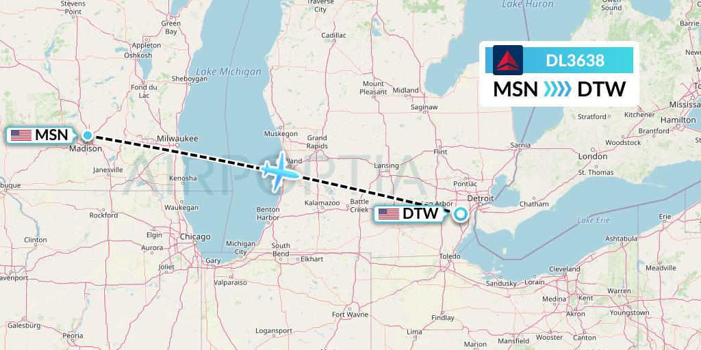 DL3638 Delta Air Lines Flight Map: Madison to Detroit
