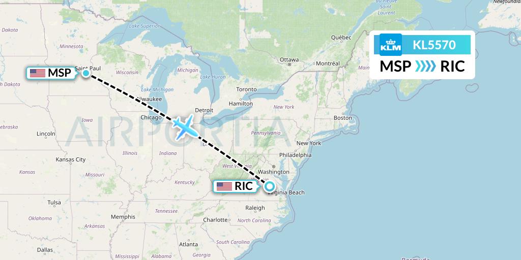 KL5570 KLM Flight Map: Minneapolis to Richmond