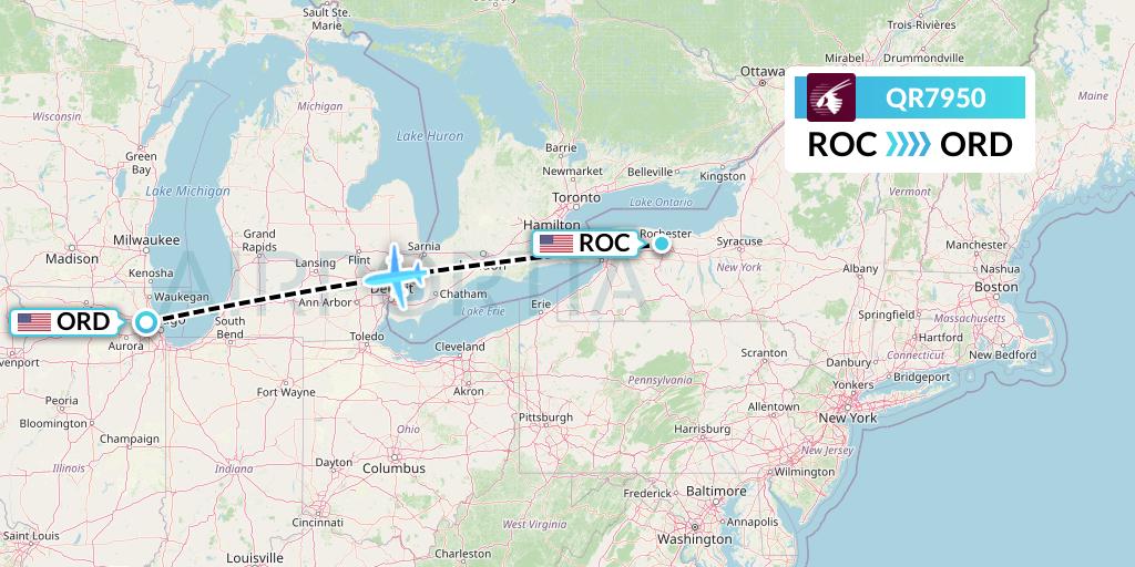 QR7950 Qatar Airways Flight Map: Rochester to Chicago