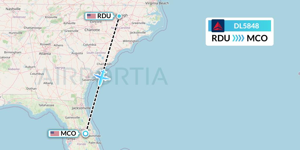DL5848 Delta Air Lines Flight Map: Raleigh-Durham to Orlando