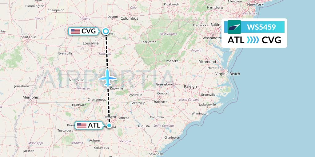 WS5459 WestJet Flight Map: Atlanta to Cincinnati