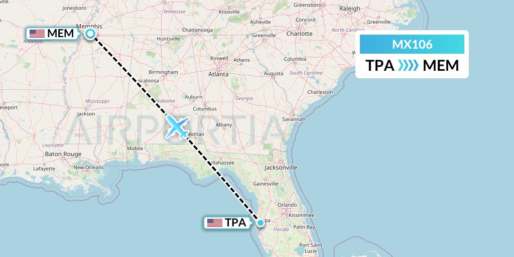 MX106 Breeze Airways Flight Map: Tampa to Memphis