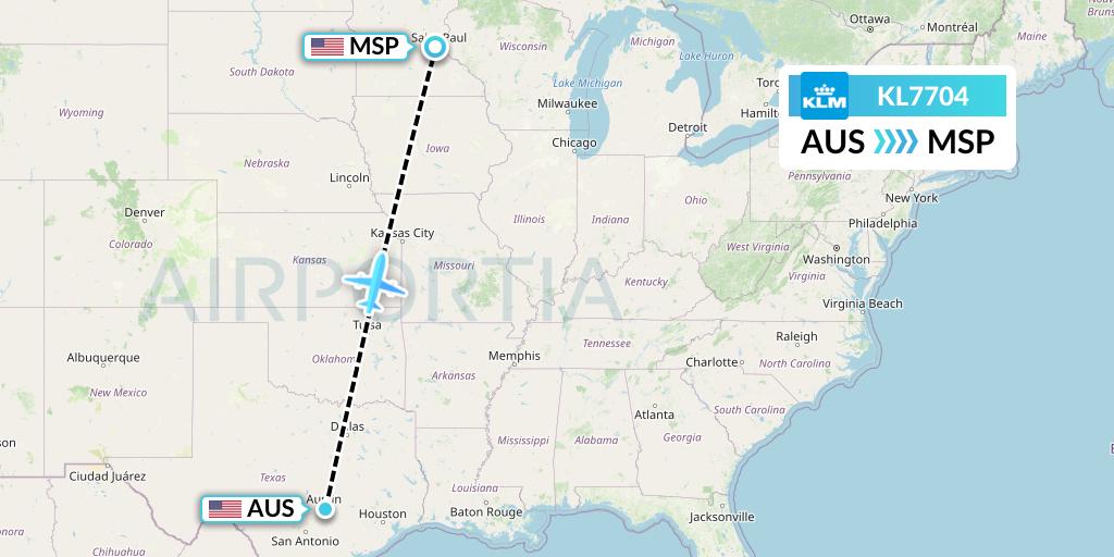 KL7704 KLM Flight Map: Austin to Minneapolis