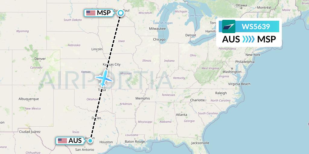 WS5639 WestJet Flight Map: Austin to Minneapolis