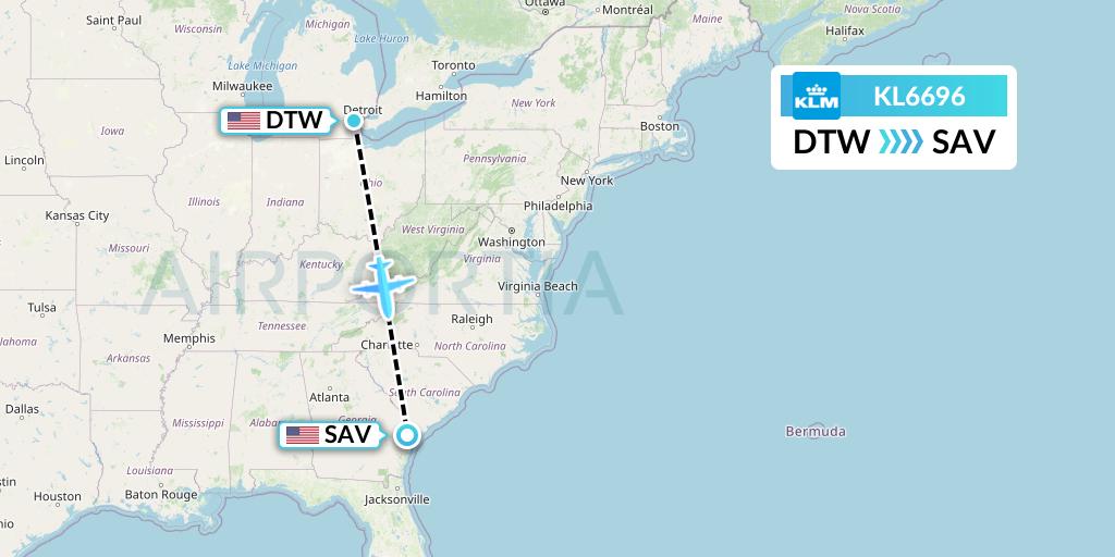KL6696 KLM Flight Map: Detroit to Savannah