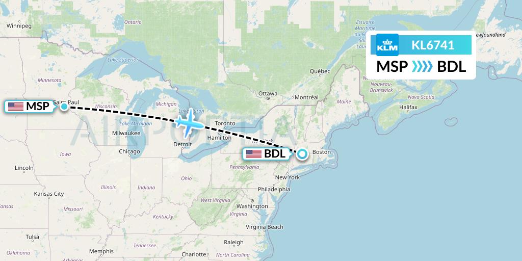 KL6741 KLM Flight Map: Minneapolis to Windsor Locks